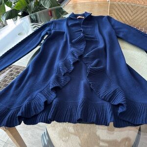 Kier + J Blue Casmere & Wool Ruffled Shawl Neck Open Cardigan